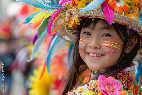 A young girl flashes a bright smile while wearing a colorful and ornate headdress at a festive carnival parade.