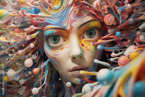 Capture a mind-bending portrait of a visionary artist immersed in a kaleidoscopic dreamscape of their own creation, where reality intertwines with fantasy in a whirlwind of vibrant colors and surreal 