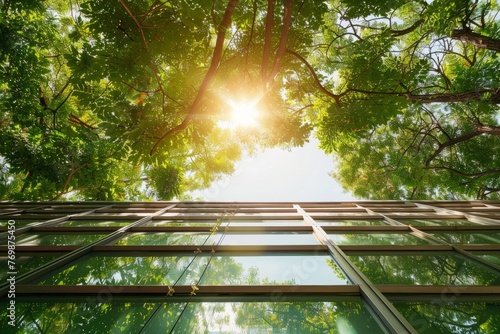 Green glass roof with sunlight and trees, ecofriendly building concept Generative AI