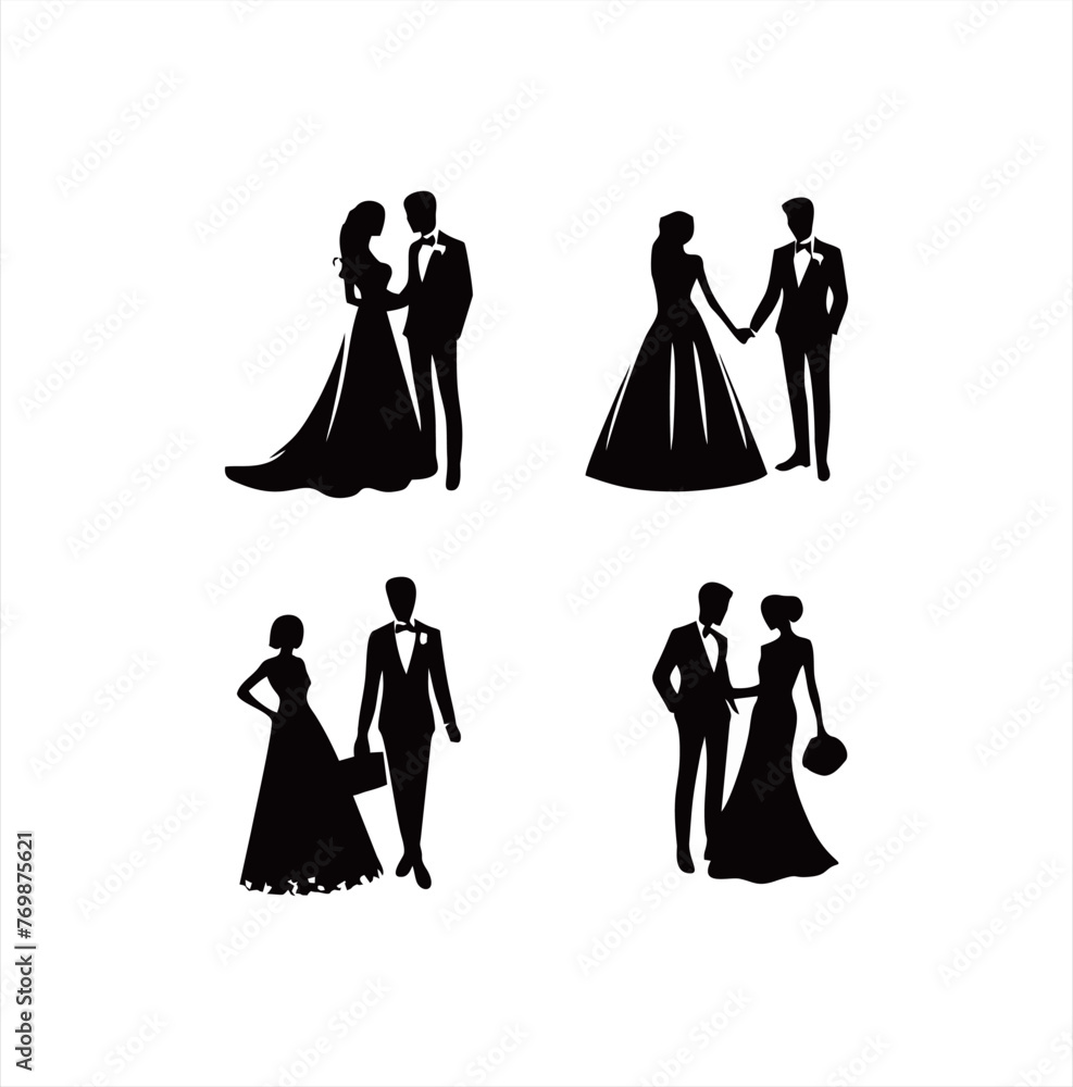 A set of vector silhouettes of bride and groom, in various positions, Wedding Couple or Bride and Groom Silhouette Vector