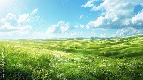 Under a sunny sky lush green grasslands stretch into the horizon offering a picture landscape for nature
