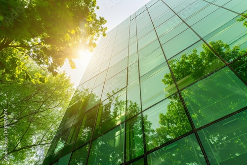 Green glass building with sunlight and tree background, sustainable architecture concept Generative AI