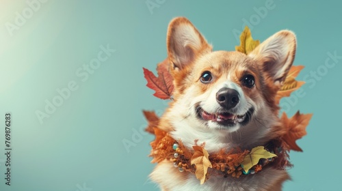 A banner with a cute corgi and a wreath of beautiful autumn leaves. With space to copy text