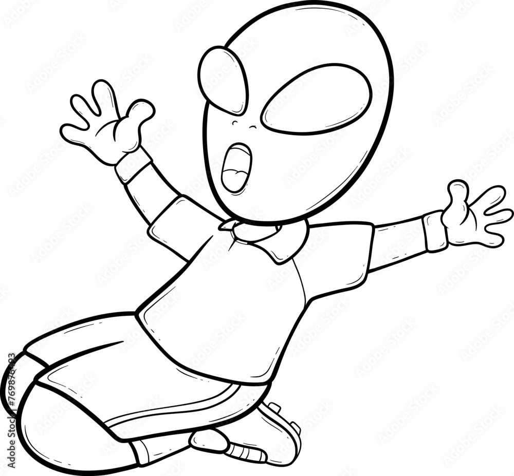 alien cartoon in a white shirt and shorts is falling to the ground
