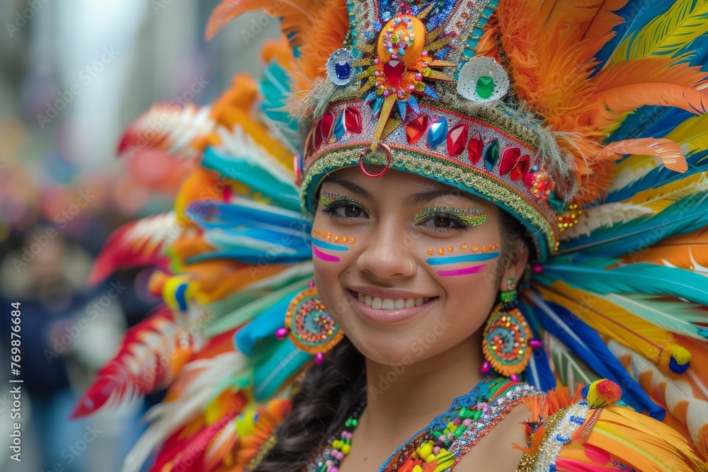 A beautiful young woman with a radiant smile wearing a colorful feathered headdress and festive makeup at a carnival event.