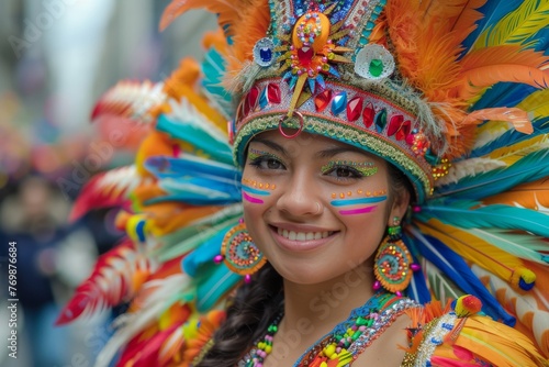 A beautiful young woman with a radiant smile wearing a colorful feathered headdress and festive makeup at a carnival event. © chaln