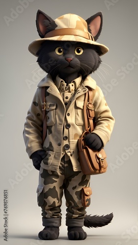 Cute 3D toy Black Сat dressed in Safari Clothes. Generative character AI