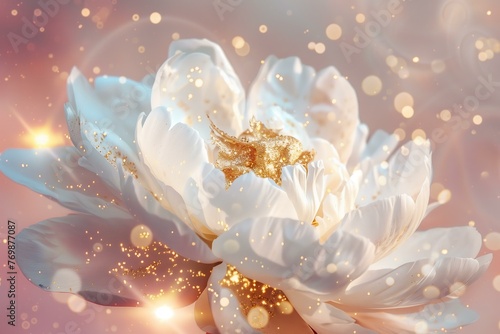 white peony flower covered in golden glitter against the pink sky