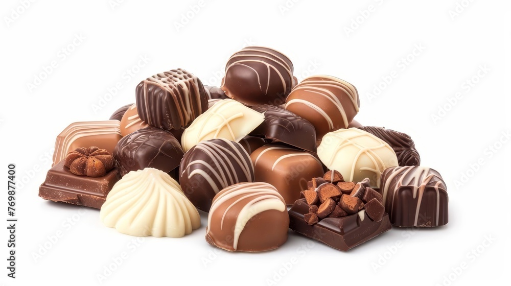 Pile of Assorted Chocolate Candies Isolated on White Background, Sweet Treats