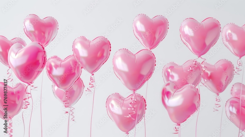 Pink heart-shaped balloons floating against a white background, love and romance concept
