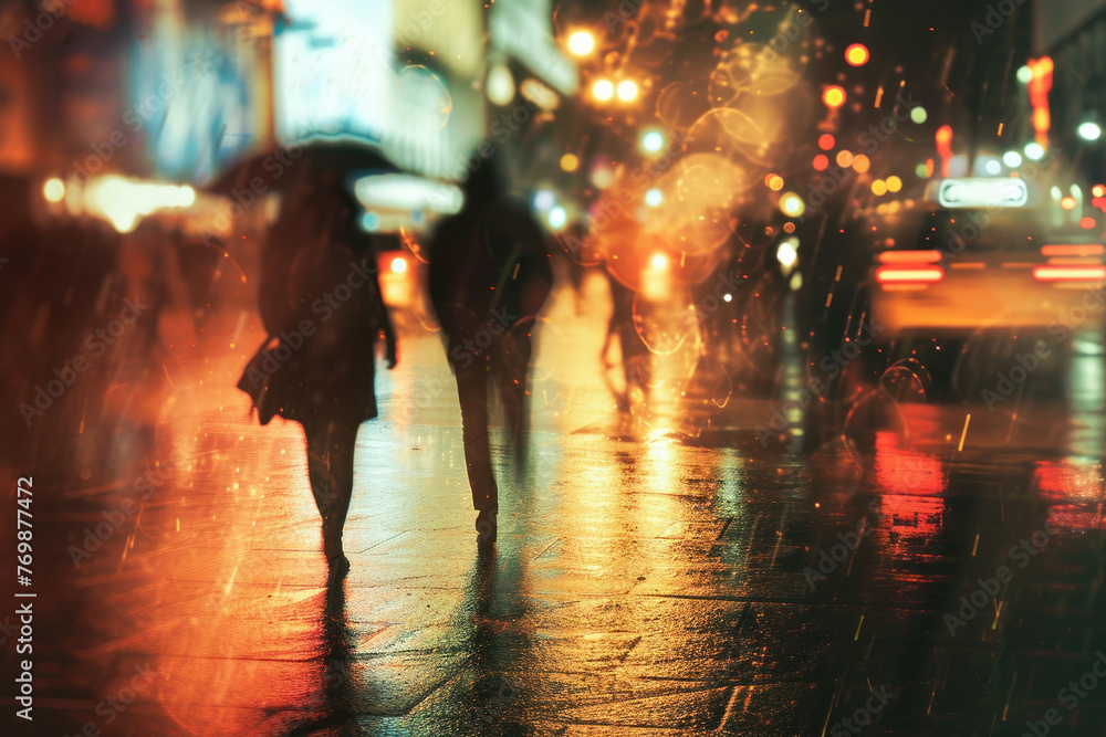 Blurred Image of People Walking with Umbrellas in the Rain on a City Street at Night