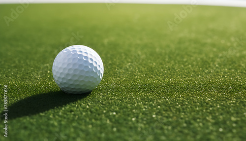 Close-up of a golf ball on the vibrant green turf with morning dew, symbolizing leisure and the game of golf