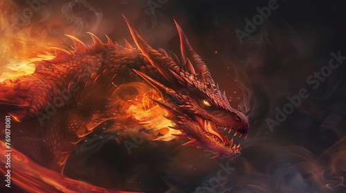 Red dragon breathing fire, dark fantasy background, mythological creature portrait, digital painting photo