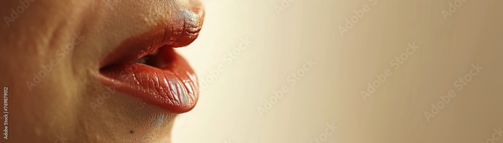 Fototapeta premium Closeup of a mouth, whispering stock market secrets, with 20 free space to the right, emphasizing the value of whispered economic forecasts low texture