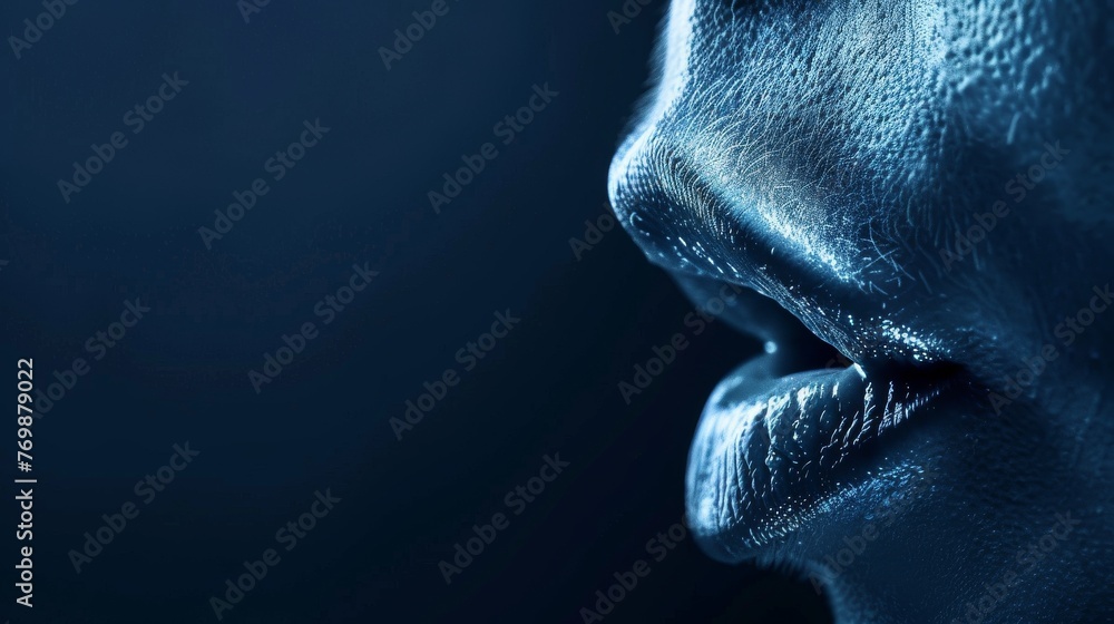 Closeup of a mouth, whispering stock market secrets, with 20 free space to the right, emphasizing the value of whispered economic forecasts low texture - obrazy, fototapety, plakaty 