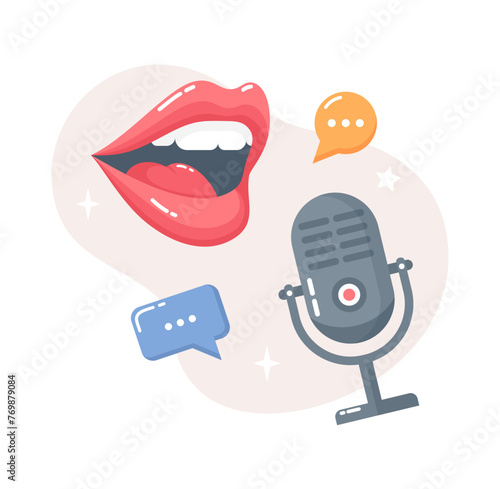 Talking female mouth, microphone and speech bubbles. Podcast concept. Flat vector illustration