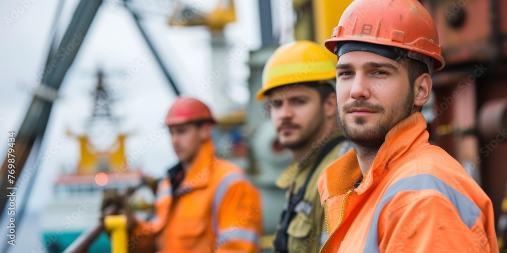 Workers in safety gear, against the backdrop of a massive offshore oil rig in the sea. Generative AI. Workers in safety gear, against the backdrop of a massive offshore oil rig in the sea. Generative AI.