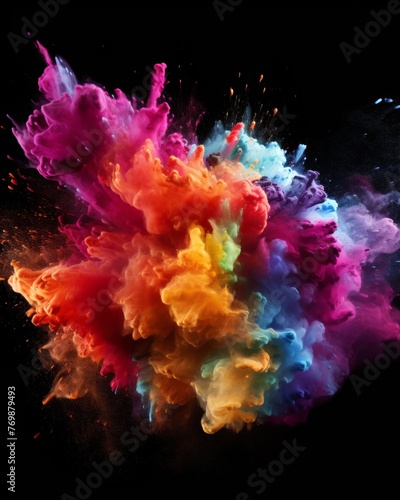 Explosion of bright colorful paint powder on black background 