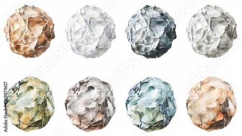 Set of crumpled paper balls isolated on white background, digital painting photo