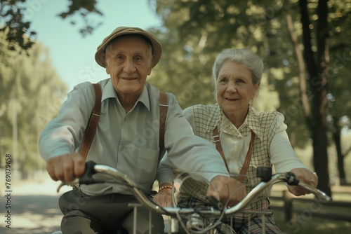 Elderly senior couple, old man and lady, happily riding bicycles in the park, concept of active aging and retirement leisure.