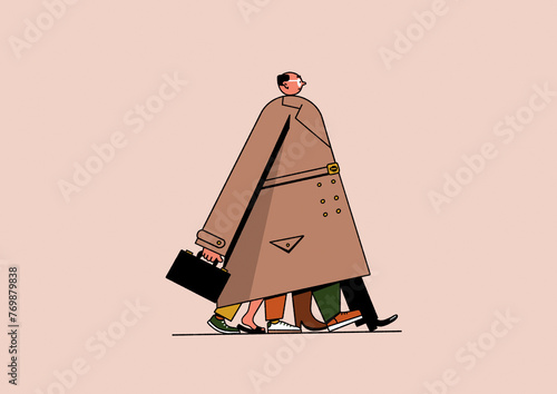 Businessman walking with lots of different legs below large overcoat