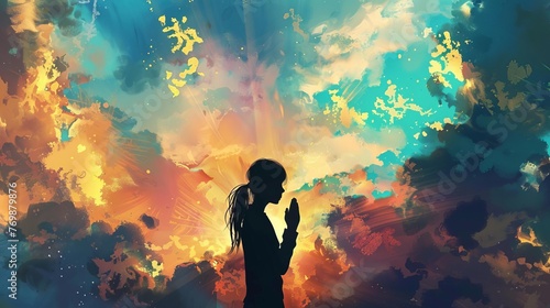 Silhouette of woman praying against colorful cloudy sky, spiritual worship concept - Digital painting