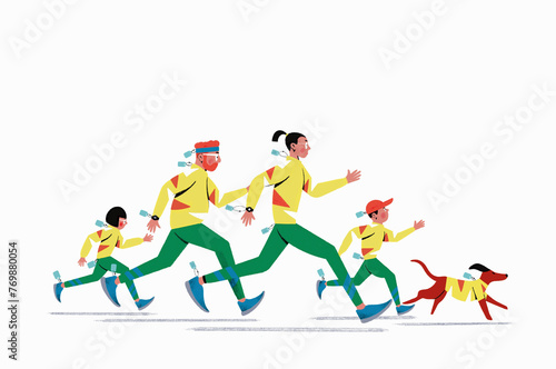 Family running with price tags on their sports clothing photo