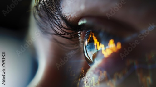 An eye closeup, capturing the reflection of a bullish stock market chart, 20 free space on the right hinting at future growth low texture photo