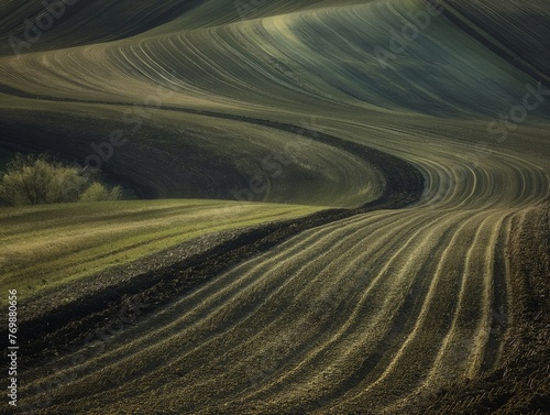 Rolling agricultural fields with patterned furrows basking in golden light  highlighting nature s textures.