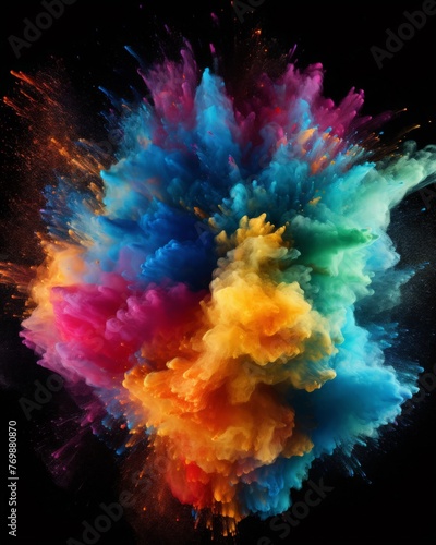 Explosion of bright colorful paint powder on black background 