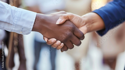 A group of diverse business people engage in a meeting sealing a deal or partnership with a handshake photo