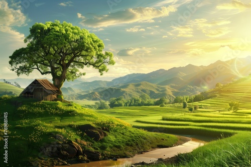 utopian futuristic green countryside landscape during pleasant spring or summer day, happy environment version after all pollution issues resolved