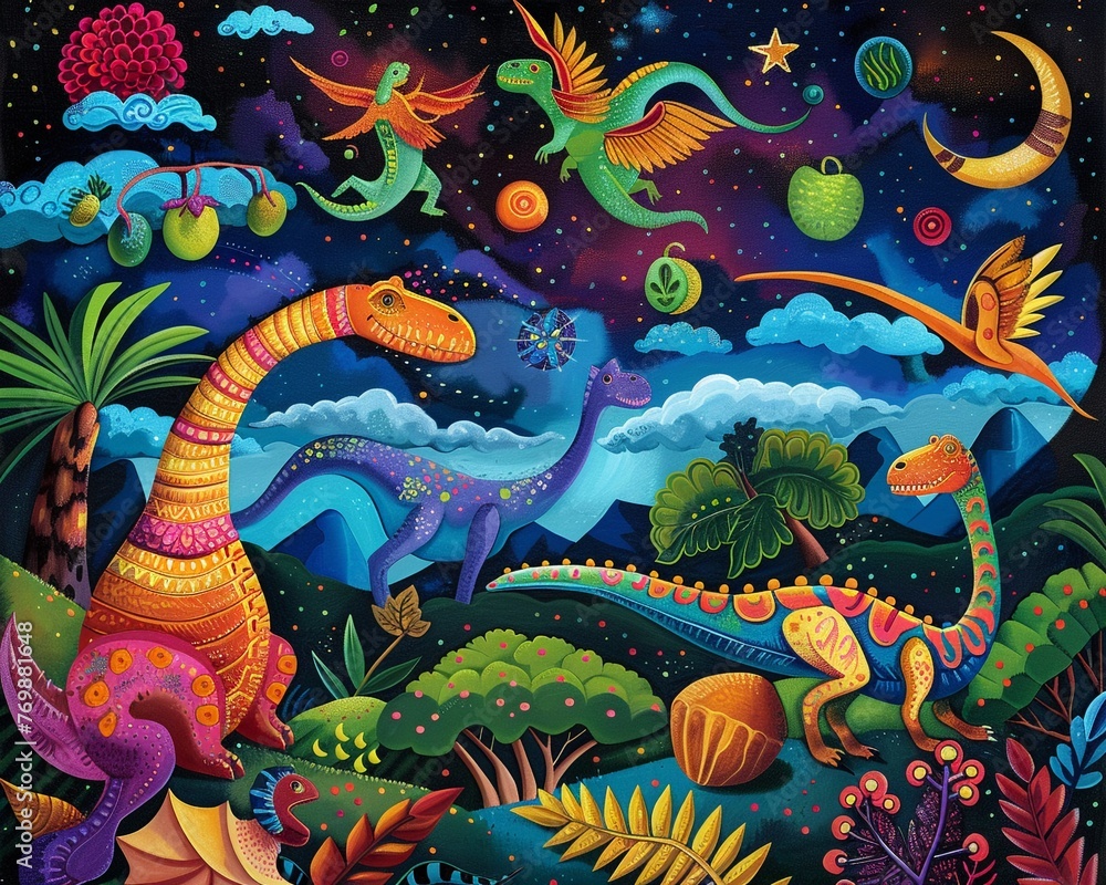 A whimsical scene of dinos and flying fruits, painted in vivid colors and set against a deep, contrasting night sky