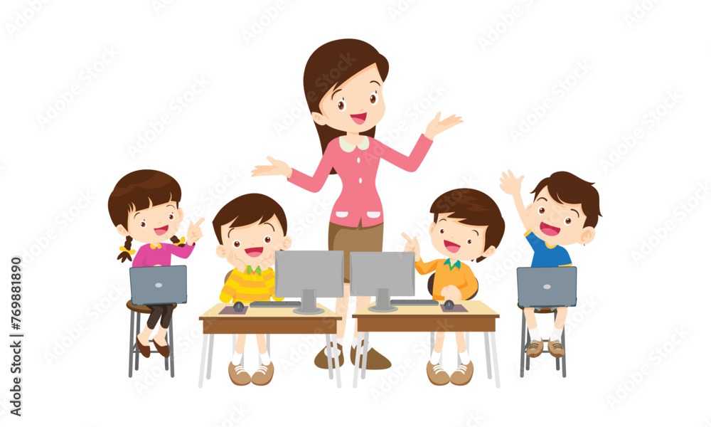 teacher and kids learning computer technology education teacher and kids learning computer technology education