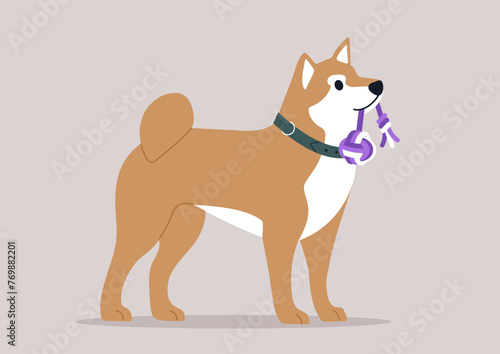 Playful Shiba Inu Pup With Purple rope Toy, A charming dog holding a toy in its mouth, exuding joy