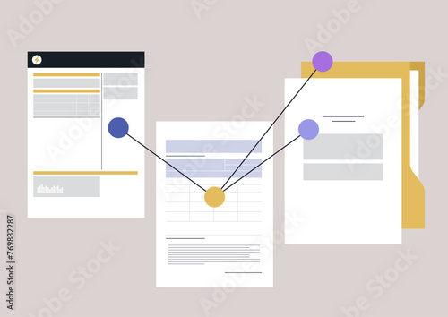 Harmonized Documentation Streamline, synchronized system of documents interconnected by colorful links