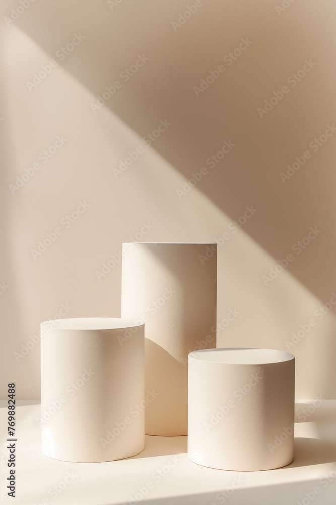 Three white podiums for the presentation of the product. White background. Minimal. beige. 3D rendering. Pedestals. Three white podiums for the presentation of the product. White background. Minimal. beige. 3D rendering. Pedestals.
