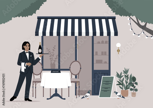 Parisian Elegance, A Waiter Serving at an Outdoor Cafe, An elegantly dressed waiter serves wine at a quaint French restaurant under string lights