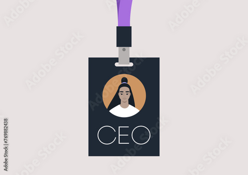 The Visionary Leader, A CEO Face Badge, A lanyard featuring the image of a Female Chief Executive Officer face, symbolizing leadership and vision in a modern corporate setting