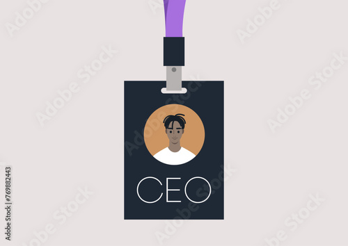 The Visionary Leader, A CEO Face Badge, A lanyard featuring the image of a Chief Executive Officer face, symbolizing leadership and vision in a modern corporate setting