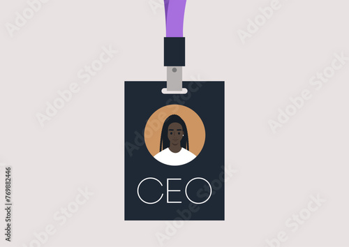 The Visionary Leader, A CEO Face Badge, A lanyard featuring the image of a Female Chief Executive Officer face, symbolizing leadership and vision in a modern corporate setting