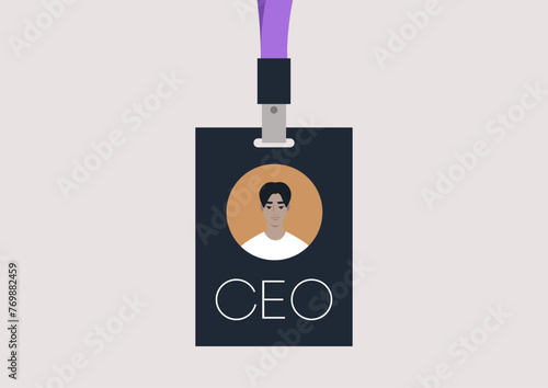 The Visionary Leader, A CEO Face Badge, A lanyard featuring the image of a Chief Executive Officer face, symbolizing leadership and vision in a modern corporate setting