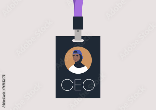 The Visionary Leader, A CEO Face Badge, A lanyard featuring the image of a Female Chief Executive Officer face, symbolizing leadership and vision in a modern corporate setting