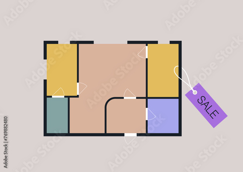 Real estate for sale, A floor plan displaying different sections of an apartment, with a price tag attached to it