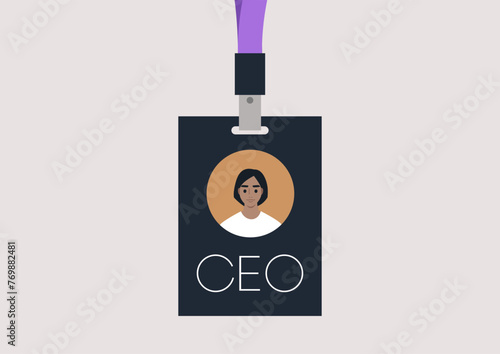 The Visionary Leader, A CEO Face Badge, A lanyard featuring the image of a Female Chief Executive Officer face, symbolizing leadership and vision in a modern corporate setting