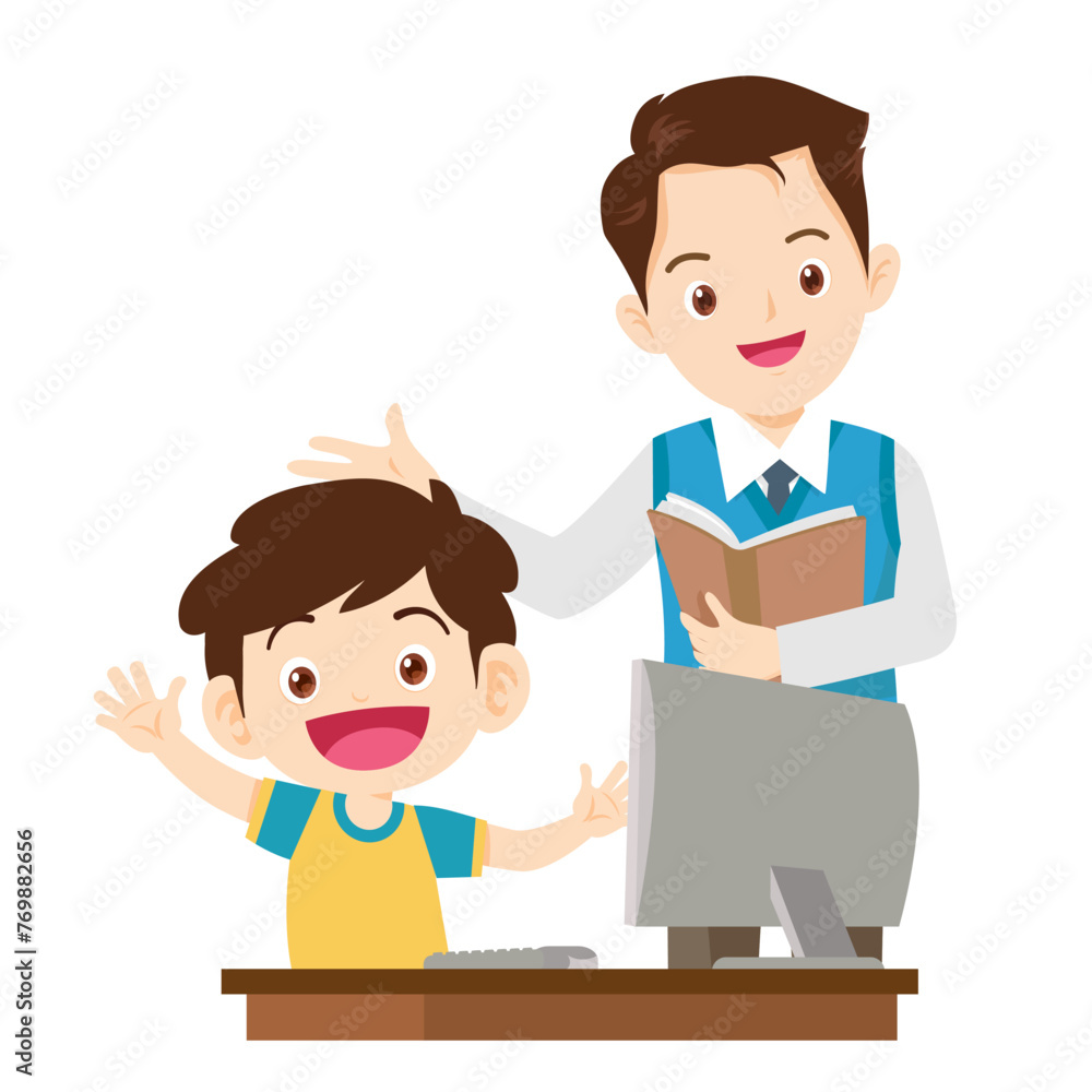 happy teacher and student learning computer happy teacher and student learning computer
