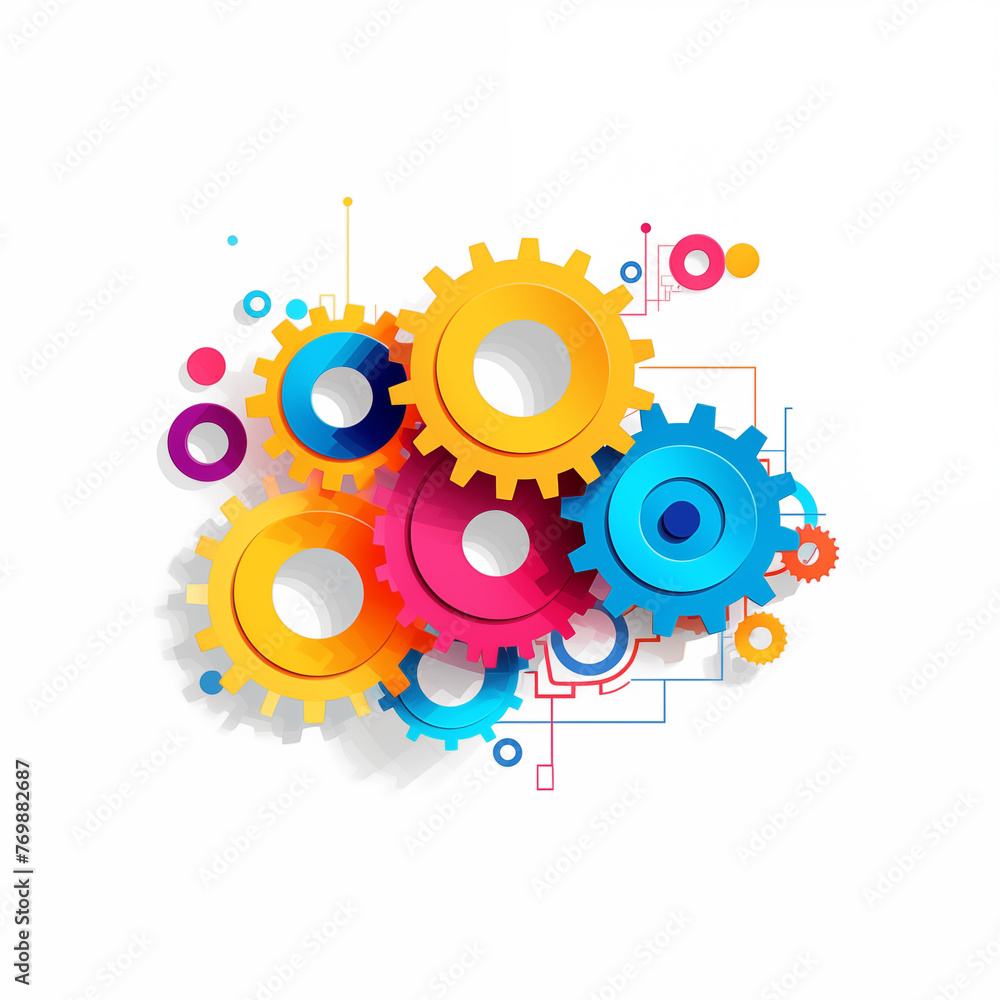 graphic design joining gears, simple geometric flat vector illustration, minimal, vibrant color on white background