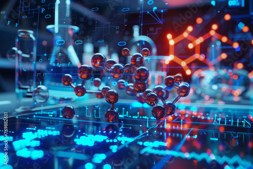 This image presents a futuristic vision of science with molecule models intertwined with bright circuit lines on a technical background