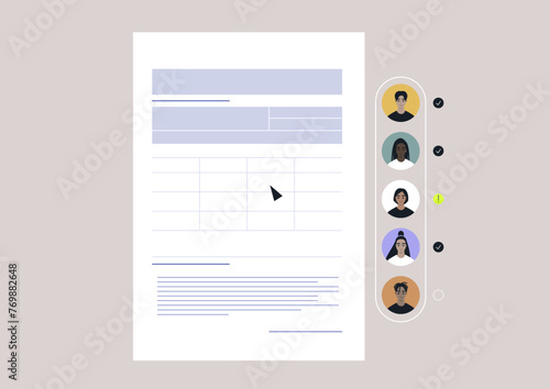 A collaborative tool, Avatars Assemble, Digital Identity Selection in Virtual Interface, A selection of diverse user profiles lined up next to a digital document, ready for  assignment