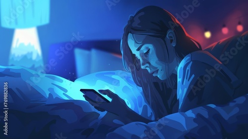 Woman addicted to smartphone lying in bed at night, concept illustration